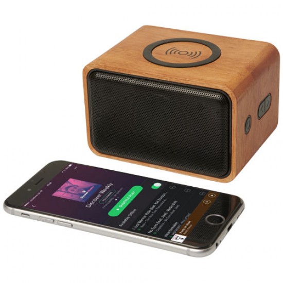 Wooden speaker with wireless charging pad 