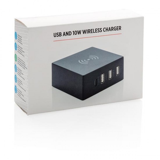 USB and 10W wireless charger, black