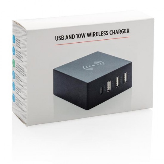 USB and 10W wireless charger, black