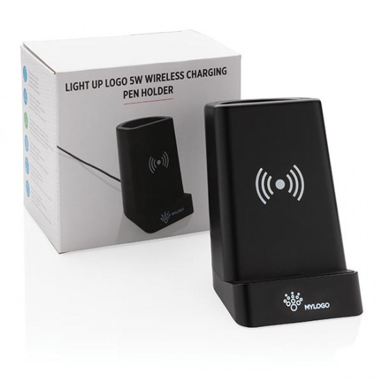 Light up logo 5W wireless charging pen holder, black