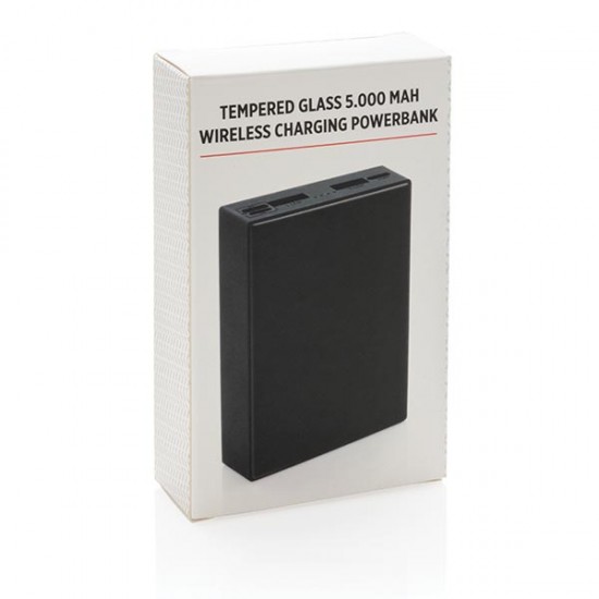 Tempered glass 5.000 mAh wireless powerbank, black