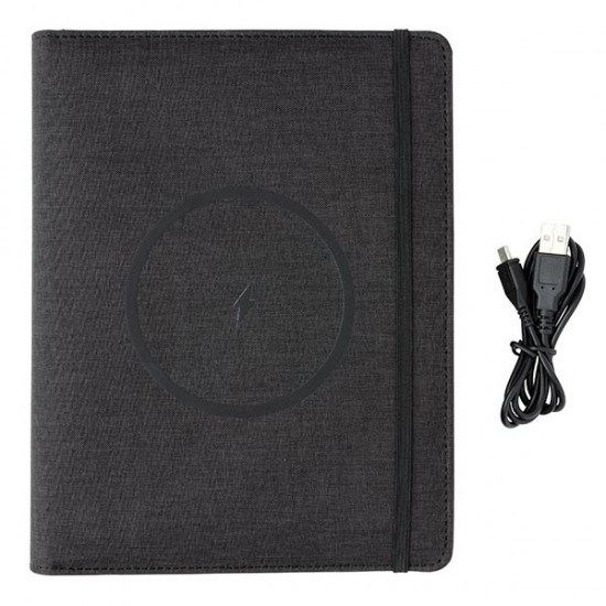 Air 5W RPET wireless charging notebook cover A5, black Air 5W RPET wireless charging notebook cover A5, black
